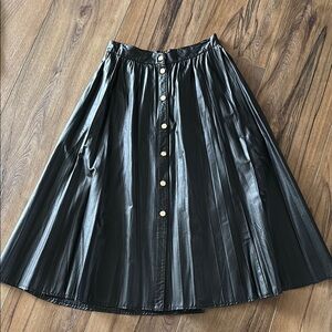Zara Black Pleated Faux-Leather A-line Skirt with Button Detail